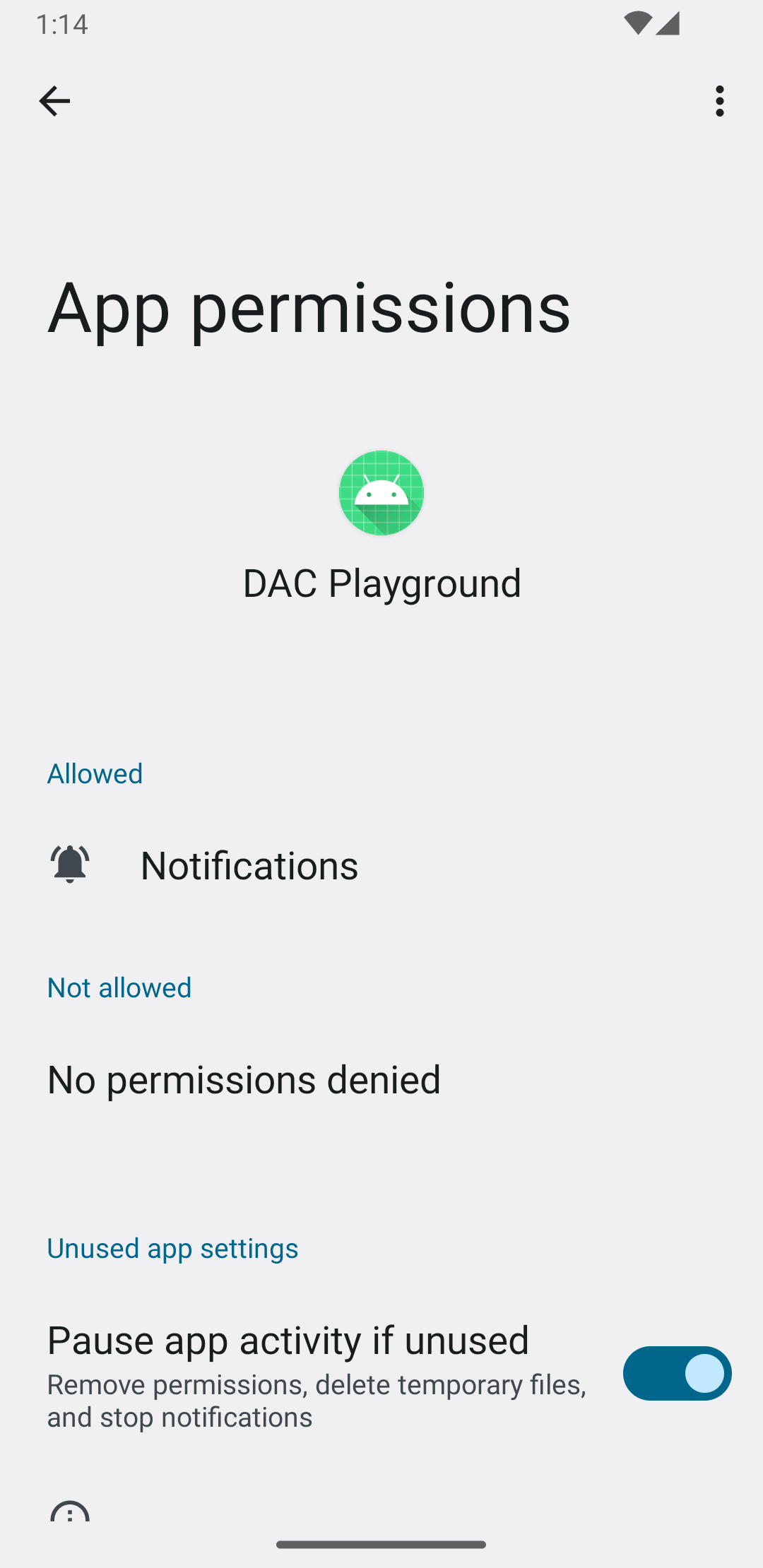 Un'immagine che mostra la schermata Informazioni app dopo aver concesso la richiesta di autorizzazione di notifica